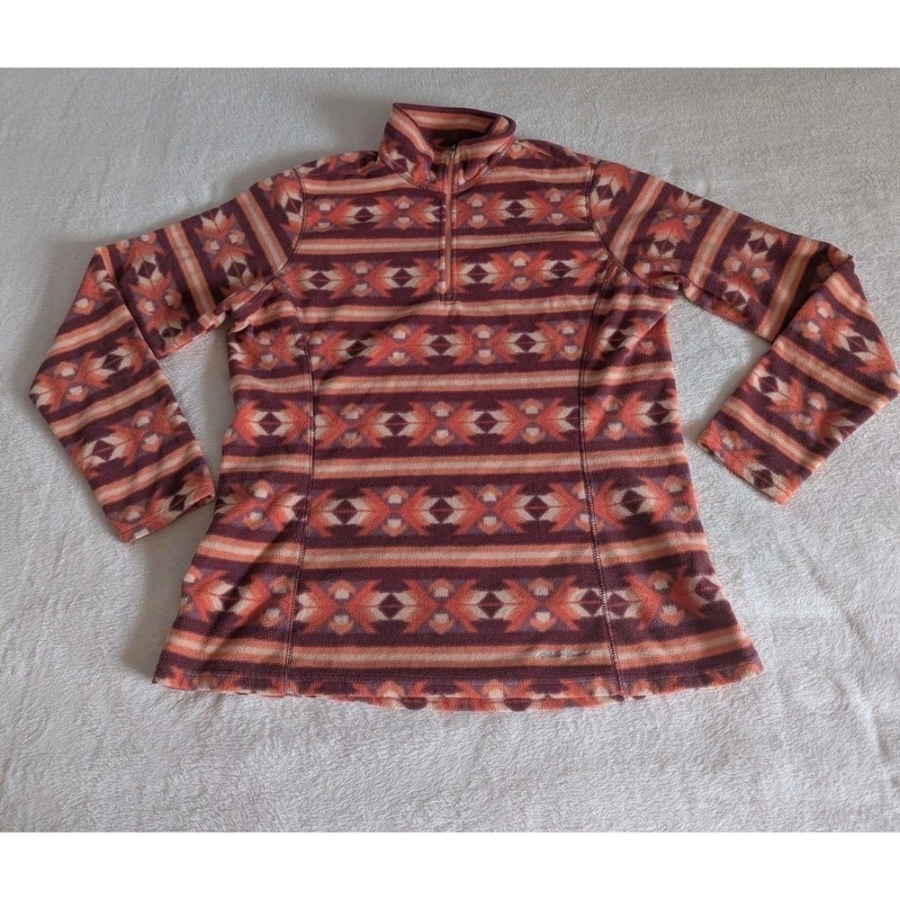Eddie Bauer Fleece Pullover Qtr Zip Purple Orange Geometric Southwestern Sz L